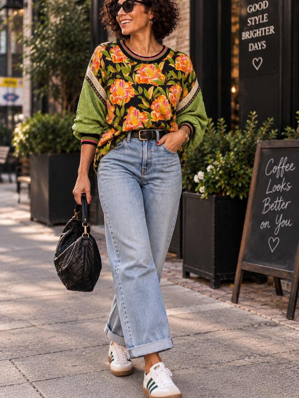 Anthropologie Black Floral Crewneck with Olive Eyelet Sleeves